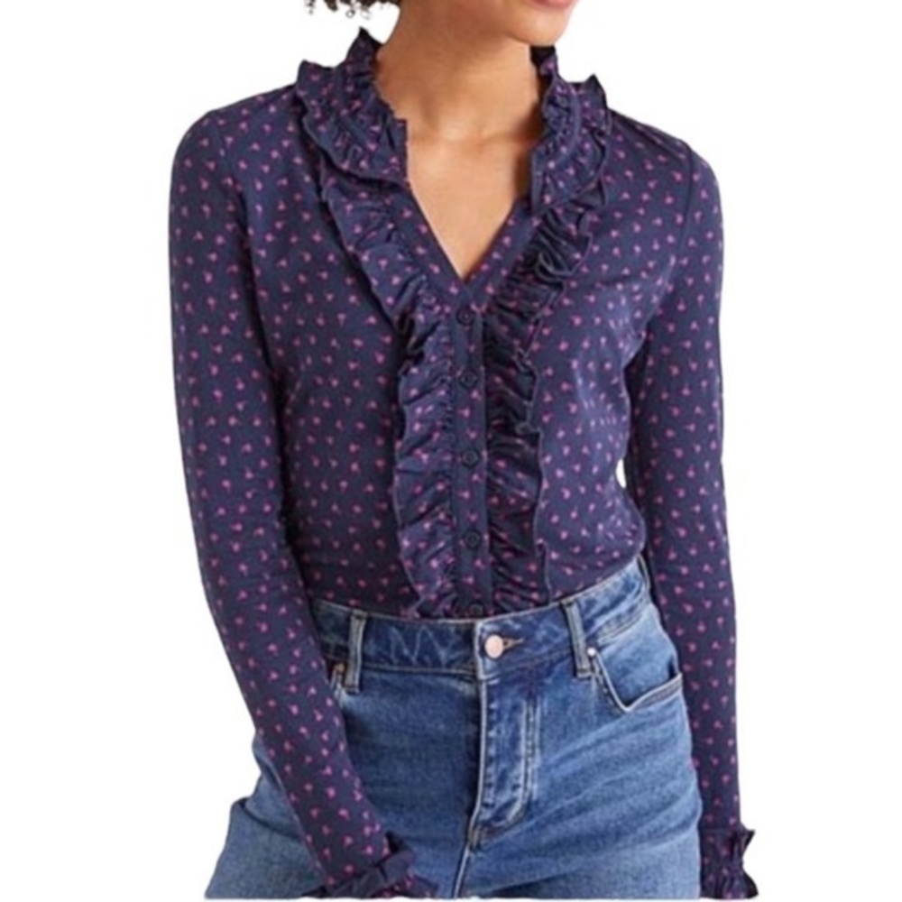 Boden Navy Ruffle-Front Button Down Shirt with Pink Heart Print